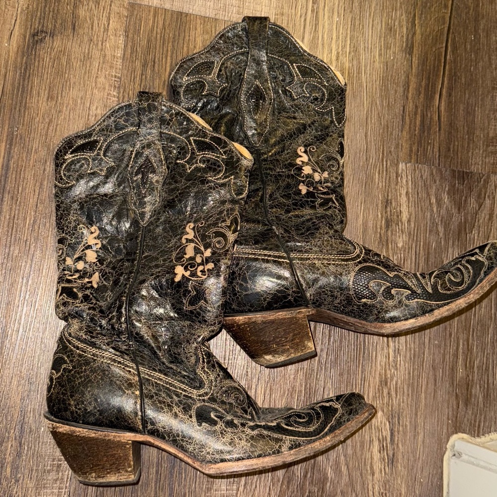 Corral Western Genuine Black Leather  Overlay X Toe C2108 Boots Size 9